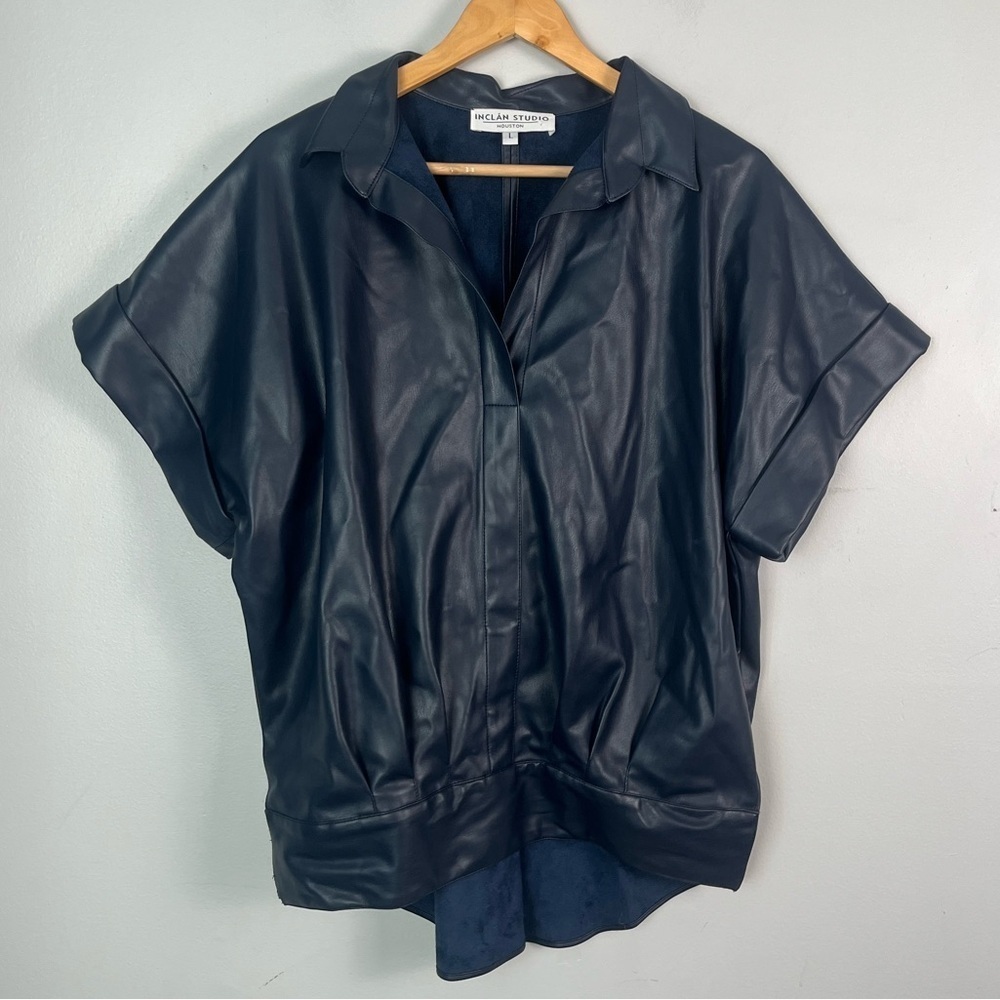 Inclan Studio vegan Leather blue blouse size large